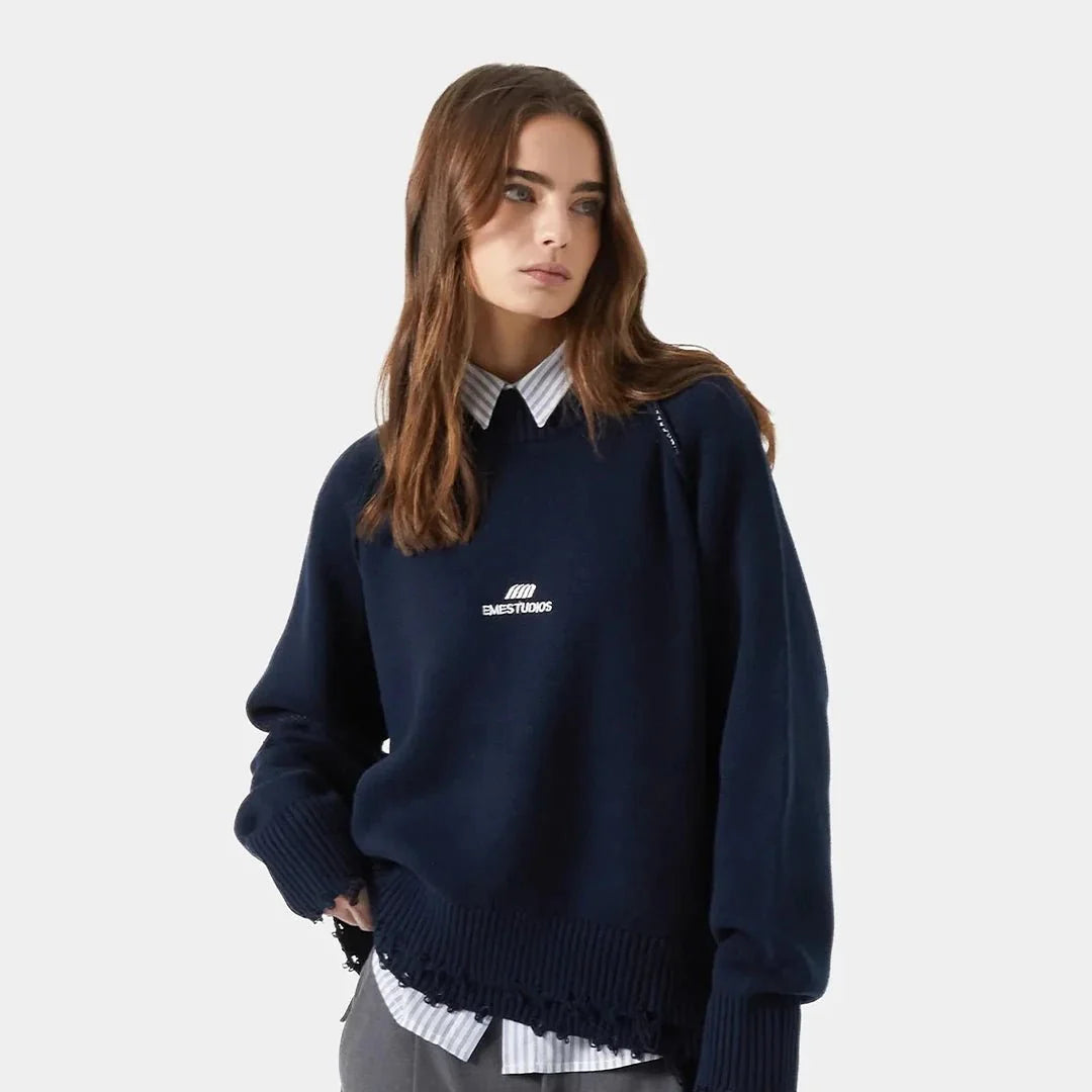 Fray Navy Knit Sweater
