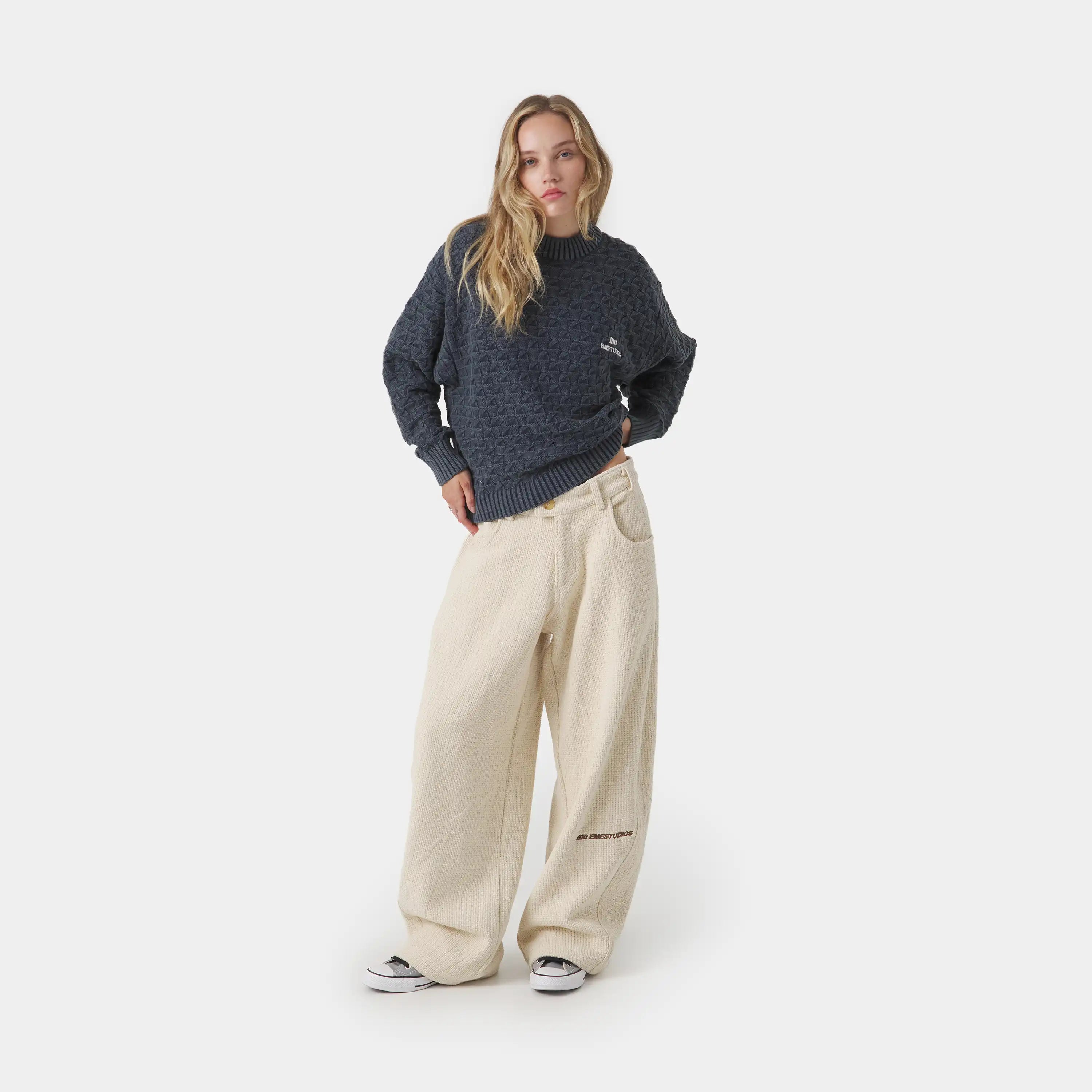 Grid Navy Cable Knit Sweater