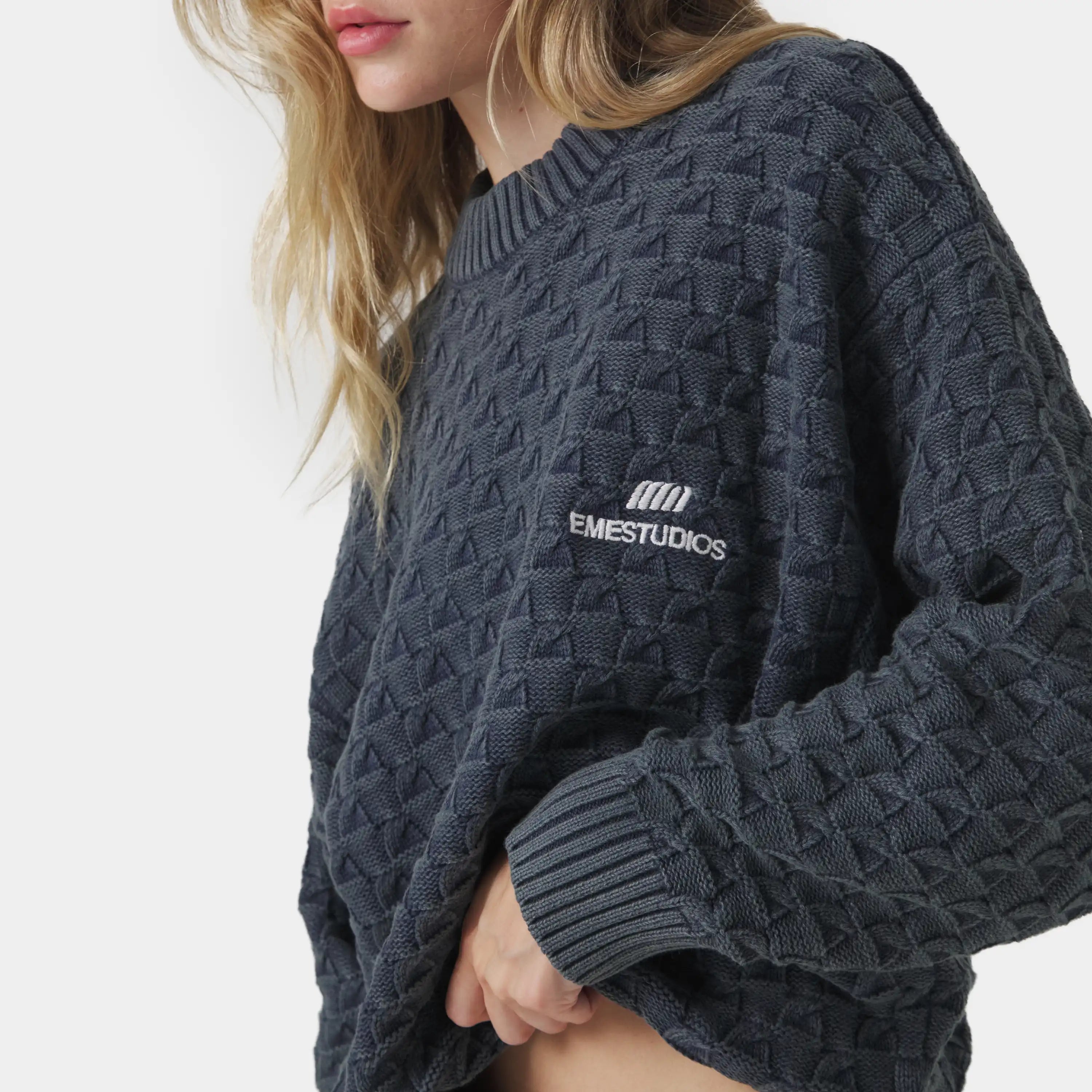 Grid Navy Cable Knit Sweater