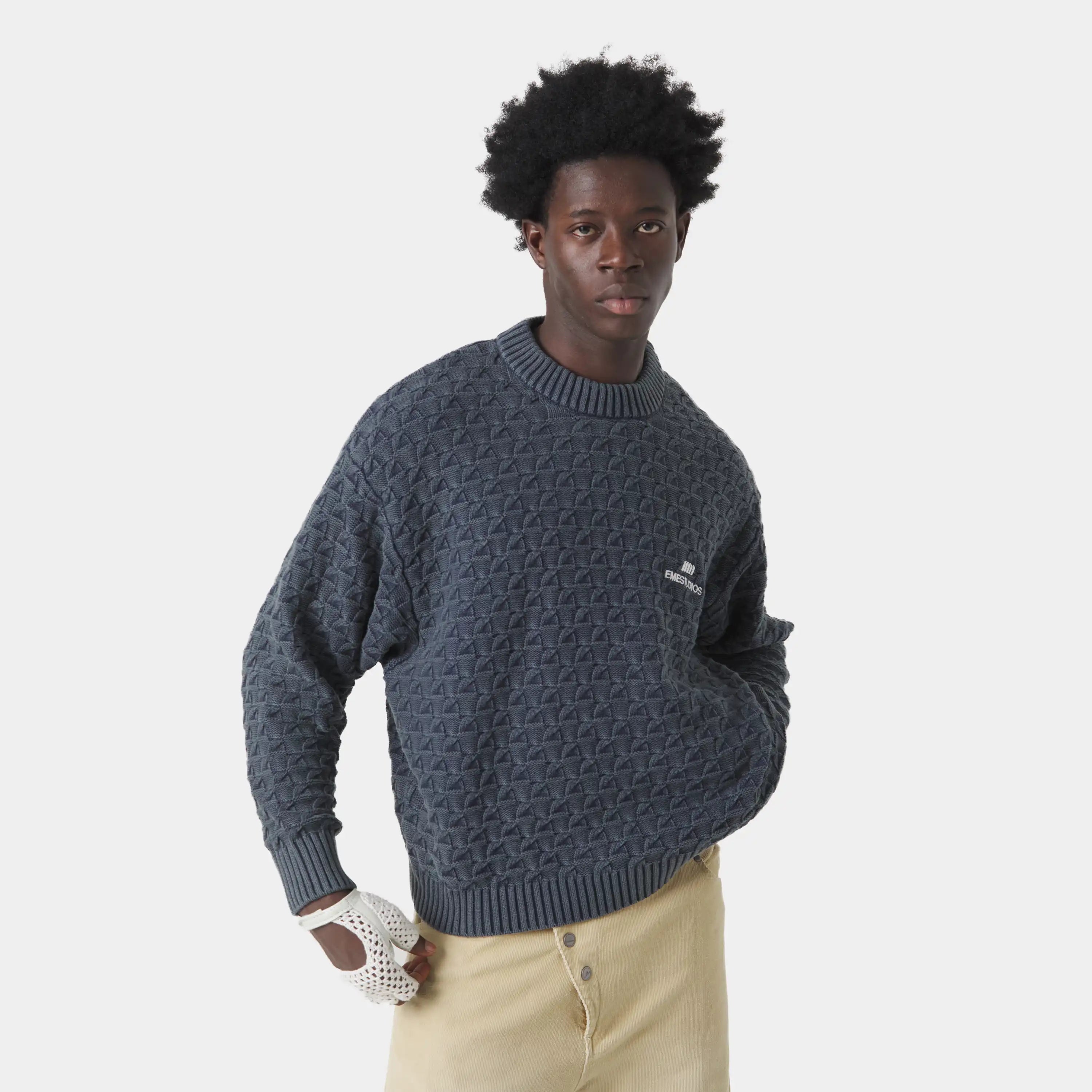 Grid Navy Cable Knit Sweater